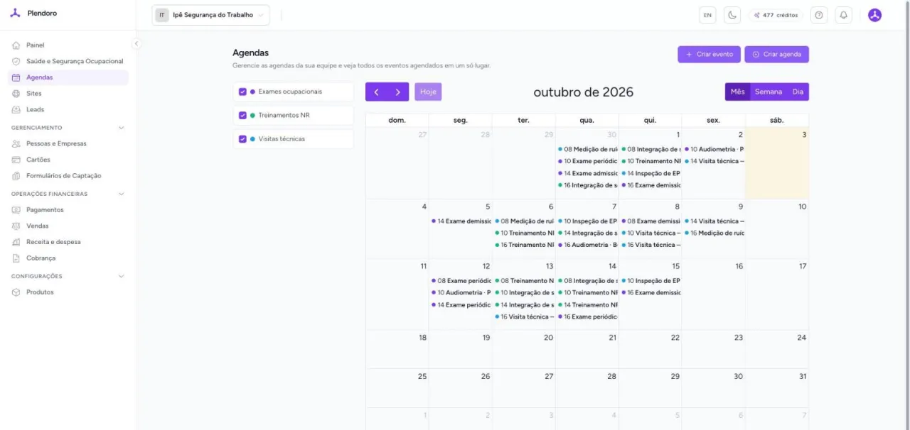 Agenda mensal do Plendoro com eventos coloridos por agenda