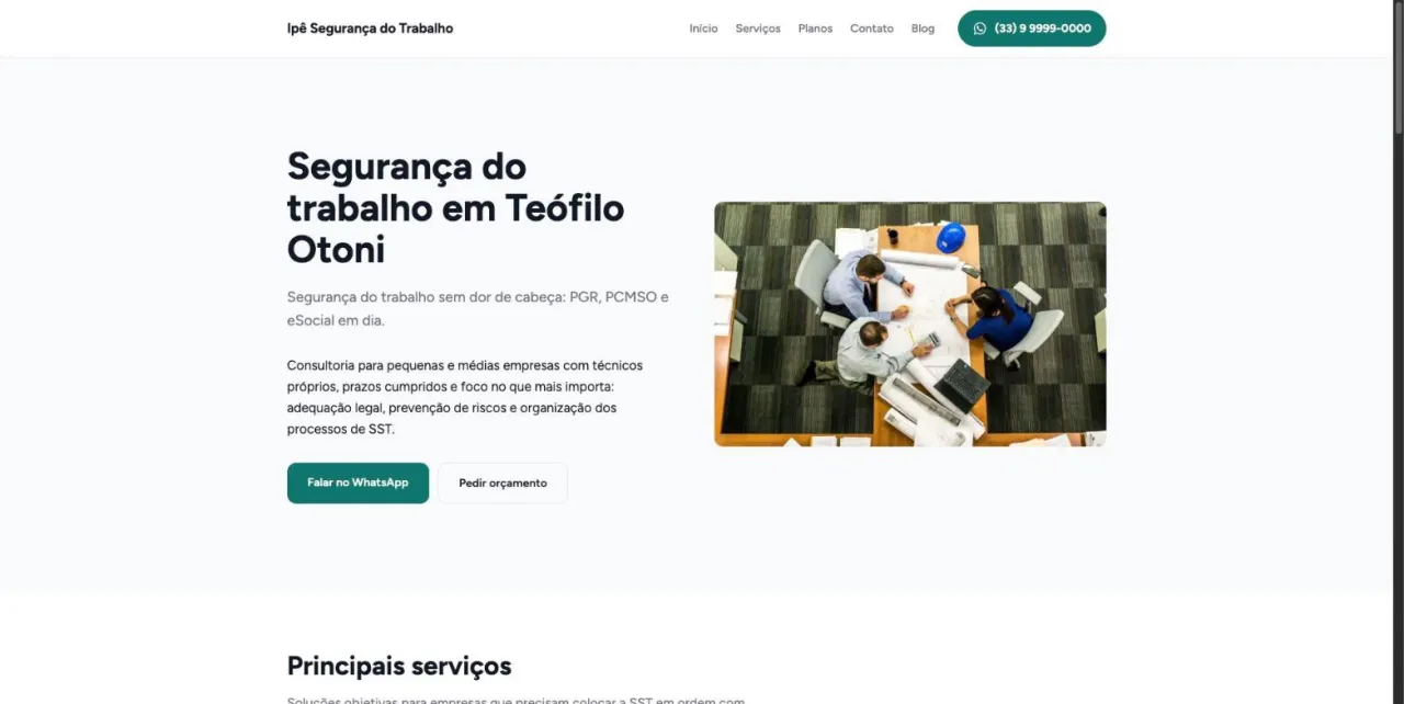 Página inicial de um site de consultoria de segurança do trabalho criado pela Dora no Plendoro