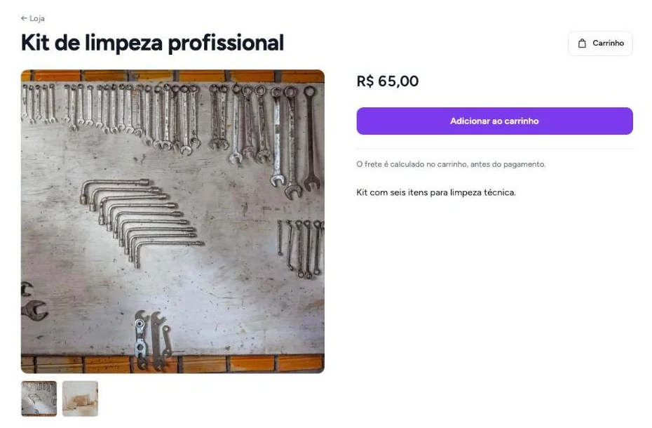 Página de produto de uma loja com foto, preço e o botão de adicionar ao carrinho